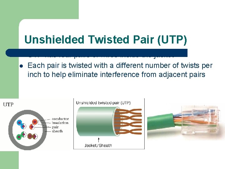 Unshielded Twisted Pair (UTP) l l UTP has four pairs of wires inside the