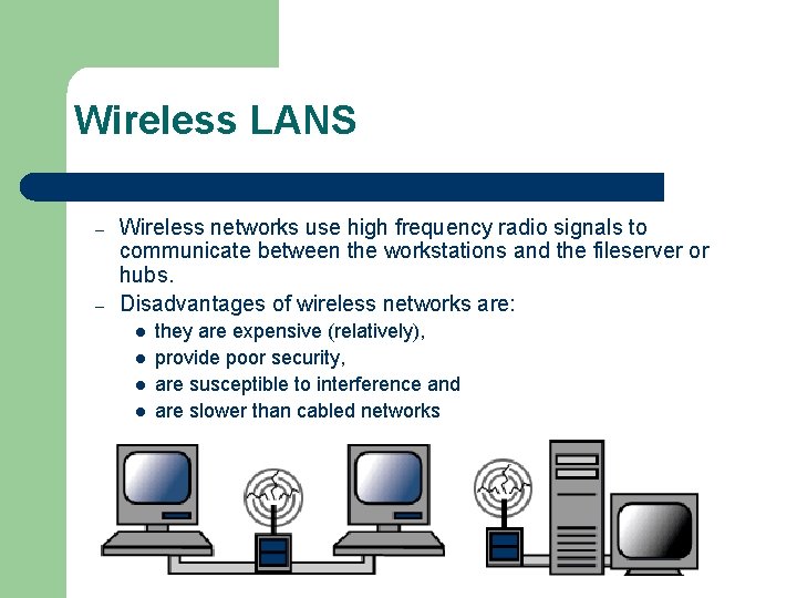 Wireless LANS – – Wireless networks use high frequency radio signals to communicate between