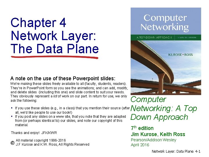 Chapter 4 Network Layer: The Data Plane A note on the use of these