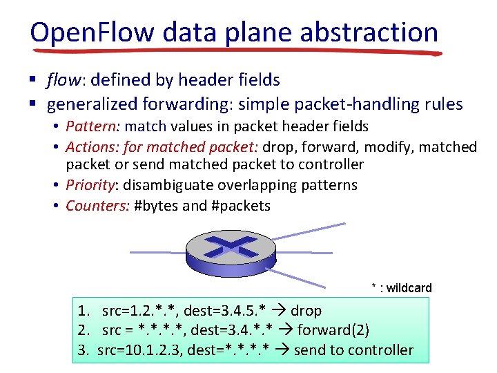 Open. Flow data plane abstraction § flow: defined by header fields § generalized forwarding:
