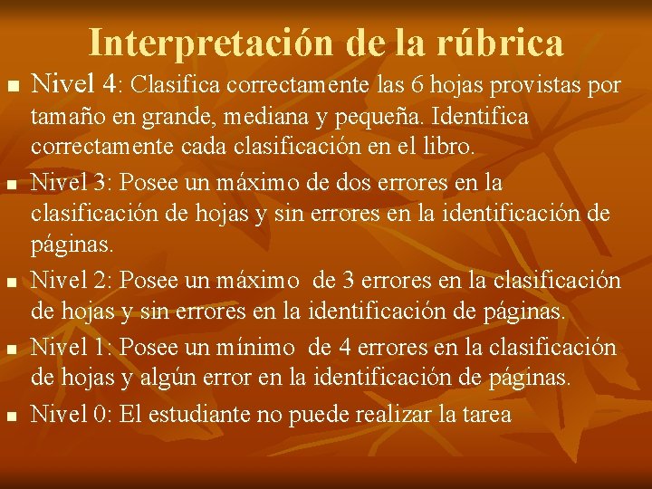 Interpretación de la rúbrica n n n Nivel 4: Clasifica correctamente las 6 hojas