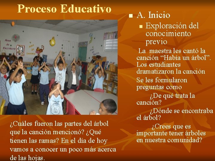 Proceso Educativo n A. Inicio n ¿Cuáles fueron las partes del árbol que la