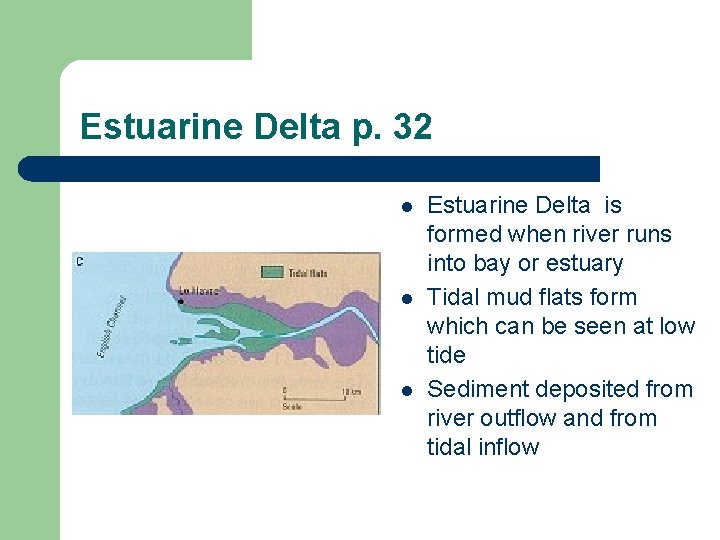 Estuarine Delta p. 32 l l l Estuarine Delta is formed when river runs
