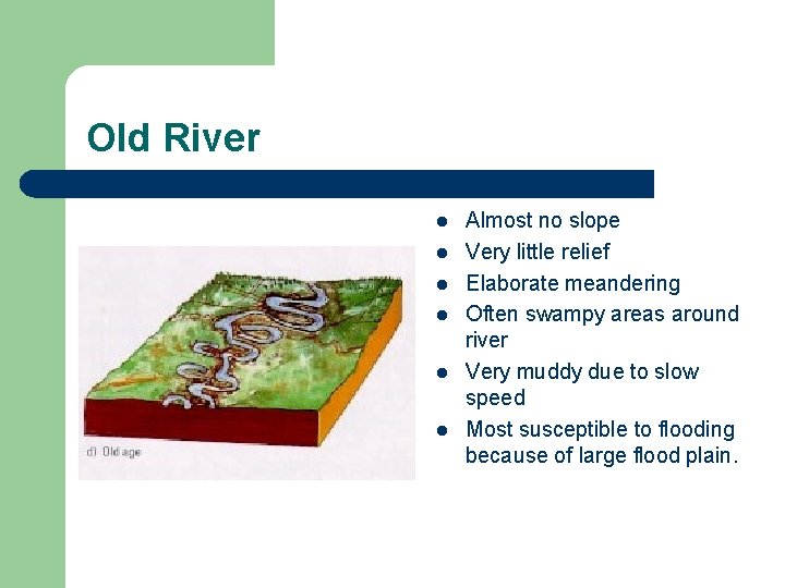 Old River l l l Almost no slope Very little relief Elaborate meandering Often Old River l l l Almost no slope Very little relief Elaborate meandering Often