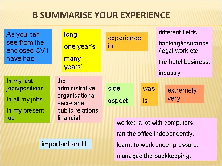 B SUMMARISE YOUR EXPERIENCE As you can see from the enclosed CV I have