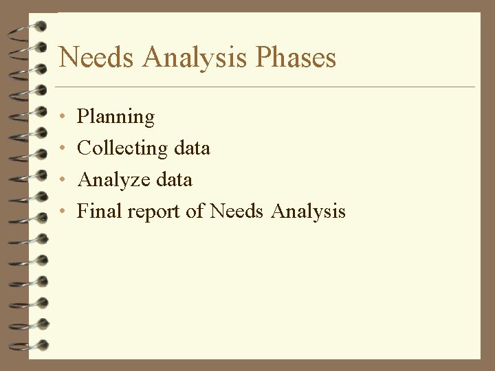 Needs Analysis Phases • Planning • Collecting data • Analyze data • Final report