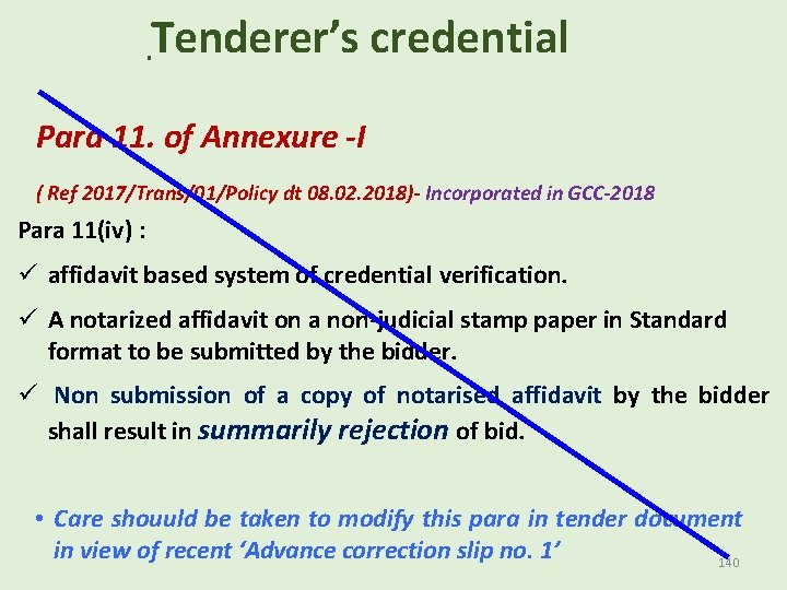 Tenderer’s credential Para 11. of Annexure -I ( Ref 2017/Trans/01/Policy dt 08. 02. 2018)-