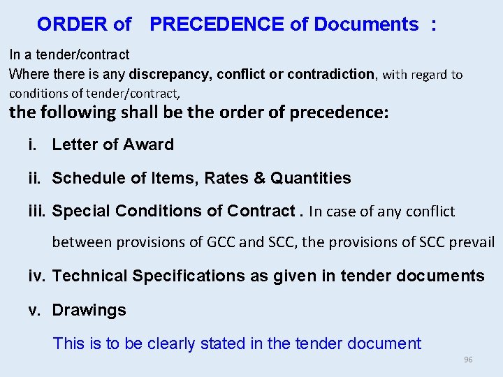 ORDER of PRECEDENCE of Documents : In a tender/contract Where there is any discrepancy,