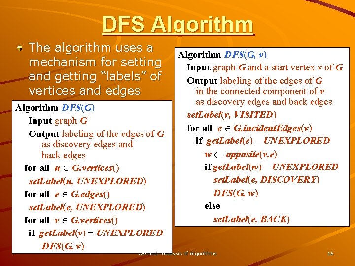 DFS Algorithm The algorithm uses a mechanism for setting and getting “labels” of vertices