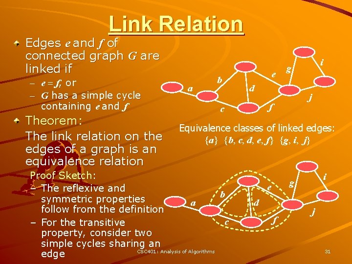 Link Relation Edges e and f of connected graph G are linked if –