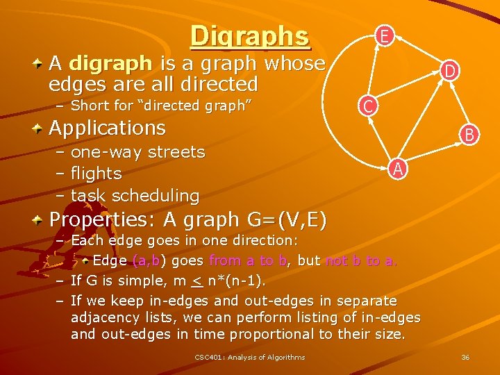 Digraphs A digraph is a graph whose edges are all directed – Short for