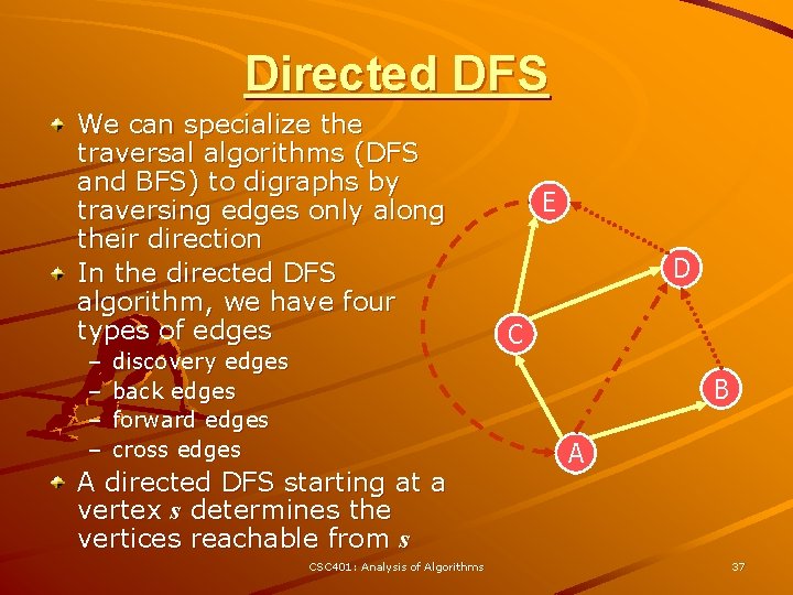 Directed DFS We can specialize the traversal algorithms (DFS and BFS) to digraphs by