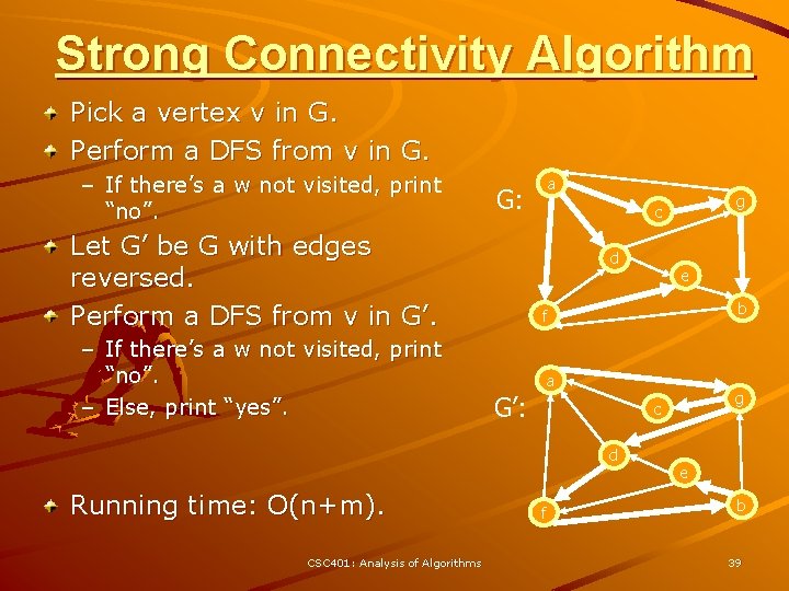 Strong Connectivity Algorithm Pick a vertex v in G. Perform a DFS from v