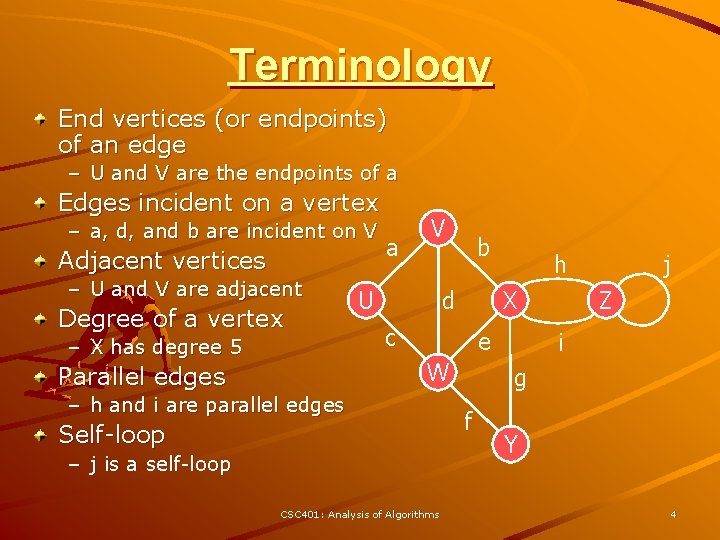 Terminology End vertices (or endpoints) of an edge – U and V are the