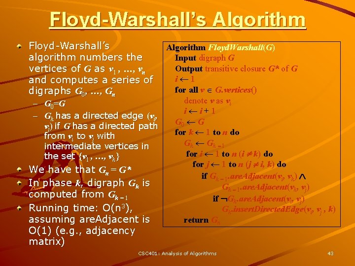 Floyd-Warshall’s Algorithm Floyd-Warshall’s algorithm numbers the vertices of G as v 1 , …,