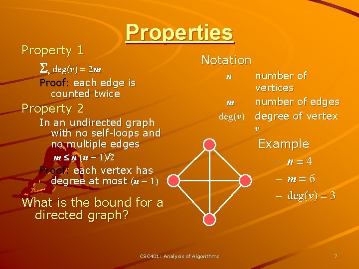 Property 1 Properties Notation Sv deg(v) = 2 m n Proof: each edge is