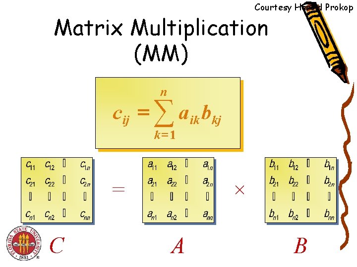 Courtesy Harold Prokop Matrix Multiplication (MM) n cij = ∑ a ik bkj k