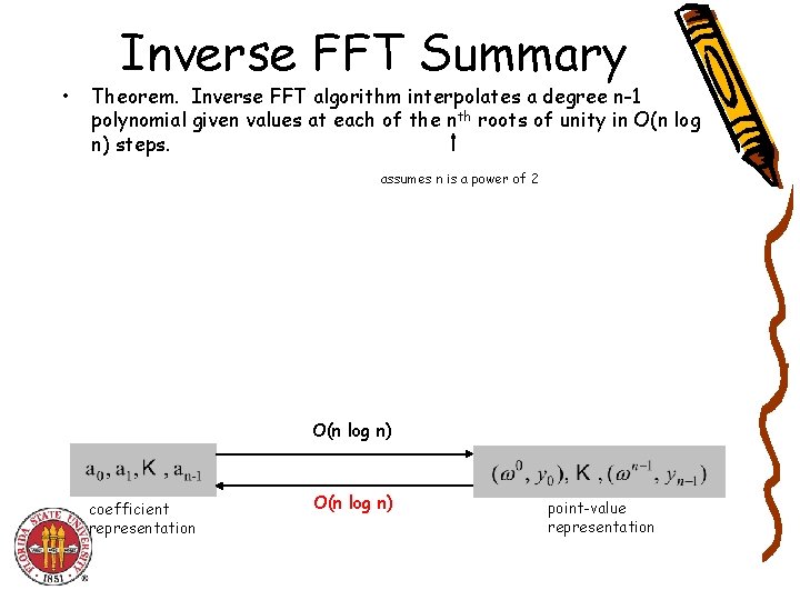  • Inverse FFT Summary Theorem. Inverse FFT algorithm interpolates a degree n-1 polynomial