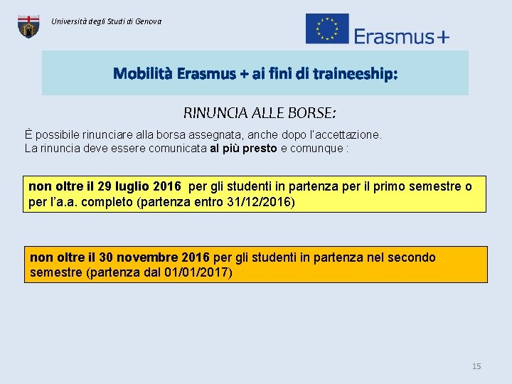 Università degli Studi di Genova Mobilità Erasmus + ai fini di traineeship: RINUNCIA ALLE