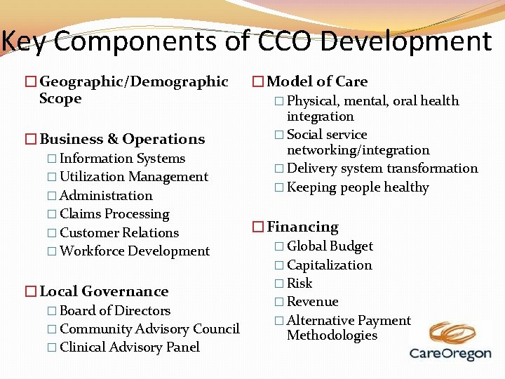 Key Components of CCO Development �Geographic/Demographic Scope �Business & Operations � Information Systems �