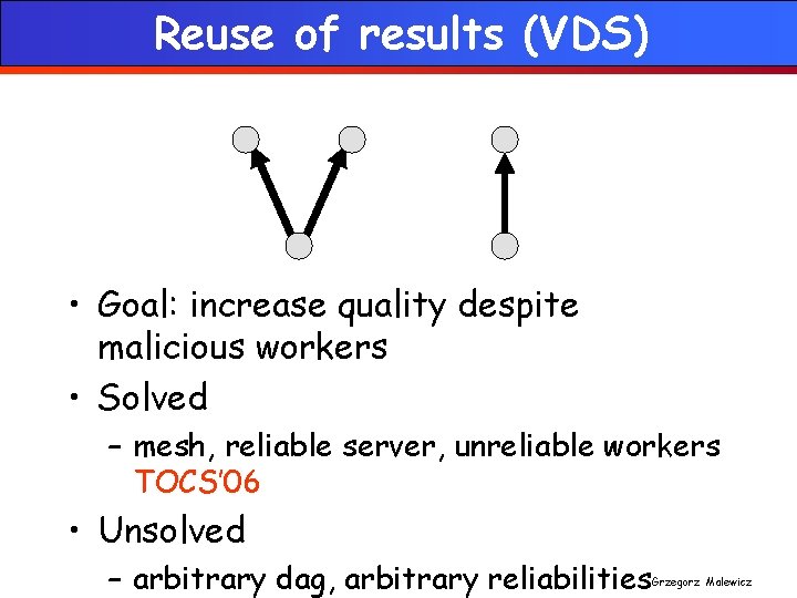 Reuse of results (VDS) • Goal: increase quality despite malicious workers • Solved –