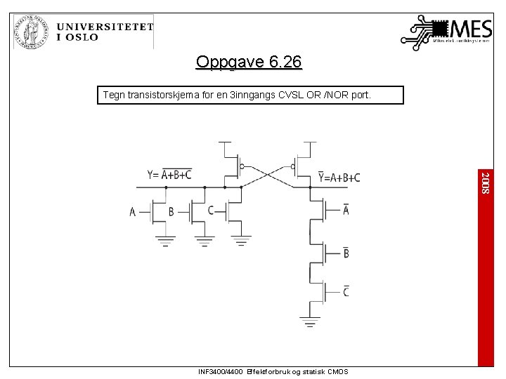 Oppgave 6. 26 Tegn transistorskjema for en 3 inngangs CVSL OR /NOR port. 2008