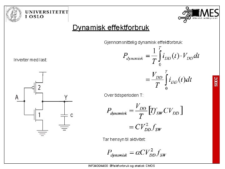Dynamisk effektforbruk Gjennomsnittelig dynamisk effektforbruk: Inverter med last: 2008 Over tidsperioden T: Tar hensyn