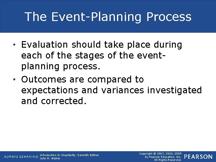 The Event-Planning Process • Evaluation should take place during each of the stages of