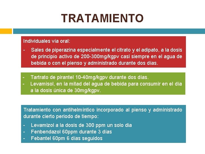 TRATAMIENTO Individuales vía oral: - Sales de piperazina especialmente el citrato y el adipato,