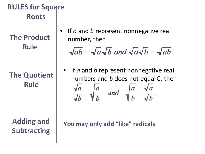 RULES for Square Roots The Product Rule The Quotient Rule Adding and Subtracting •