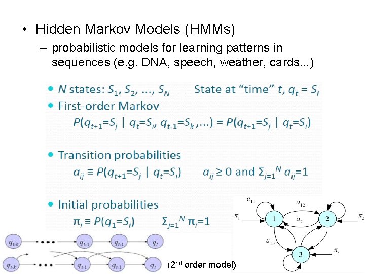  • Hidden Markov Models (HMMs) – probabilistic models for learning patterns in sequences