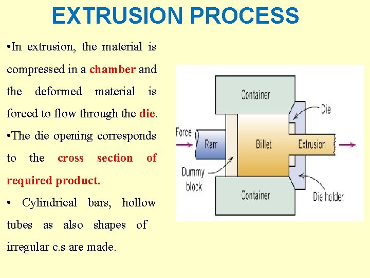 EXTRUSION PROCESS • In extrusion, the material is compressed in a chamber and the