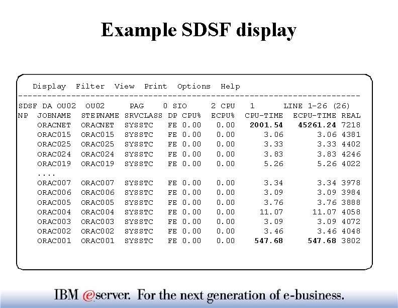 Example SDSF display Display Filter View Print Options Help -----------------------------------SDSF DA OU 02 PAG