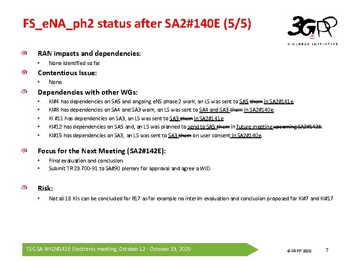 FS_e. NA_ph 2 status after SA 2#140 E (5/5) RAN impacts and dependencies: •
