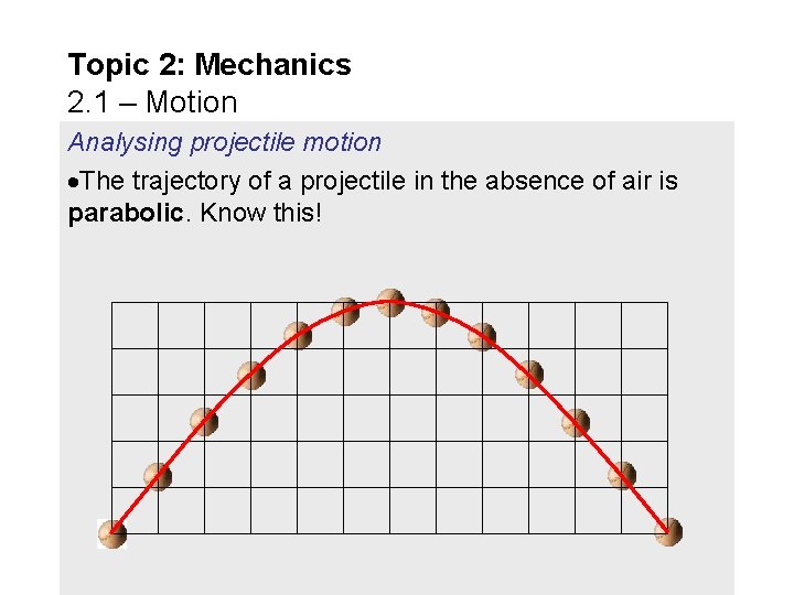 Topic 2: Mechanics 2. 1 – Motion Analysing projectile motion The trajectory of a