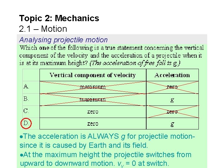 Topic 2: Mechanics 2. 1 – Motion Analysing projectile motion The acceleration is ALWAYS
