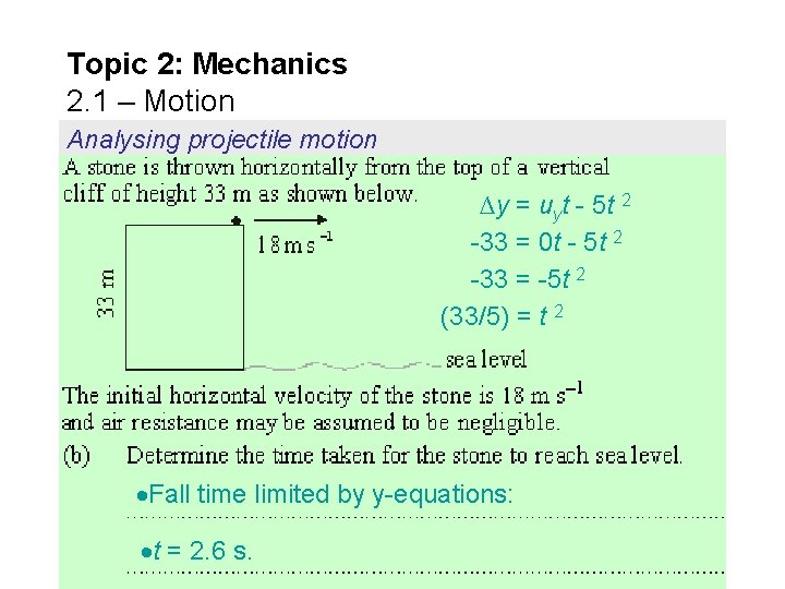 Topic 2: Mechanics 2. 1 – Motion Analysing projectile motion ∆y = uyt -
