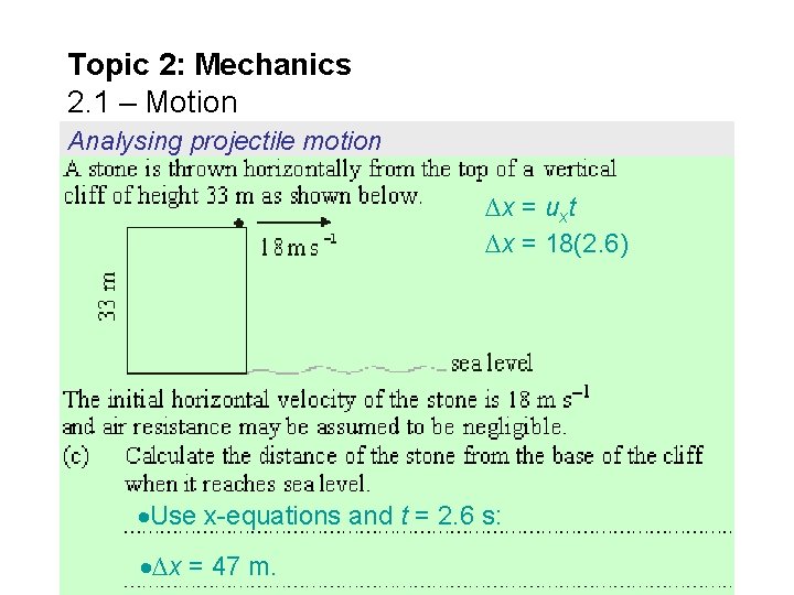 Topic 2: Mechanics 2. 1 – Motion Analysing projectile motion ∆x = uxt ∆x