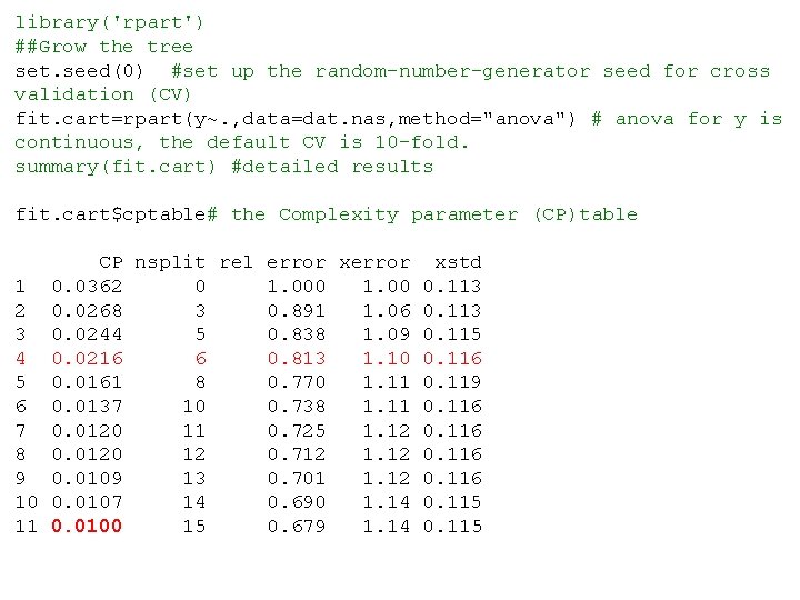 library('rpart') ##Grow the tree set. seed(0) #set up the random-number-generator seed for cross validation