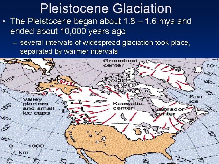 Pleistocene Glaciation • The Pleistocene began about 1. 8 – 1. 6 mya and