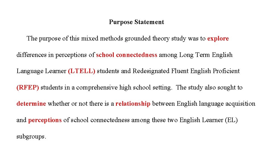 Purpose Statement The purpose of this mixed methods grounded theory study was to explore