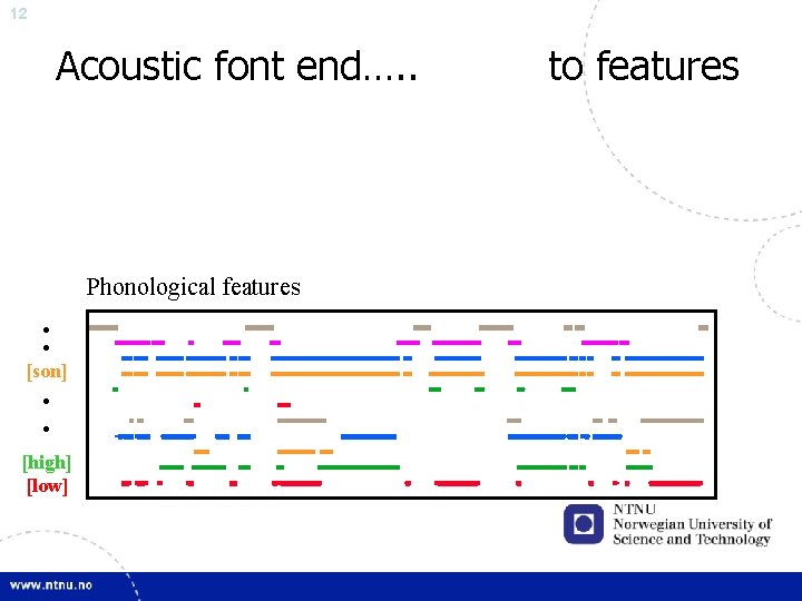 12 Acoustic font end…. . Phonological features • • [son] • • [high] [low]