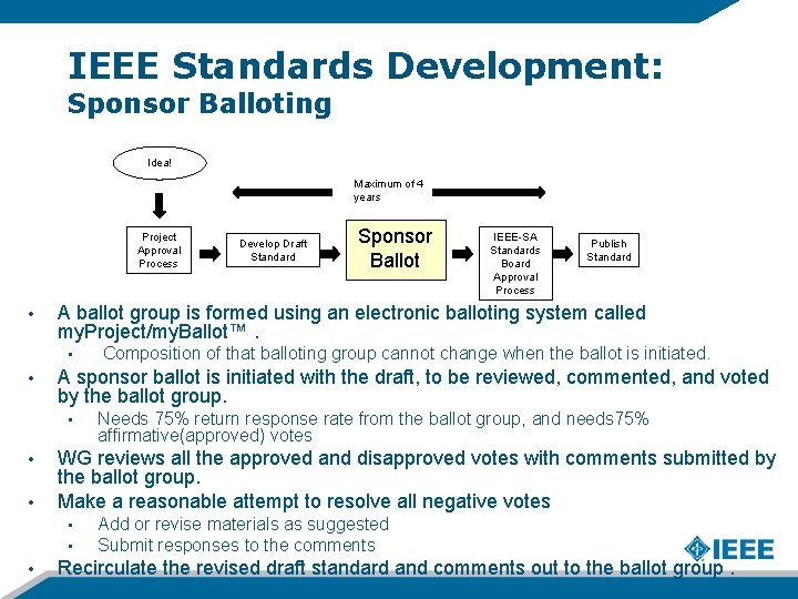 IEEE Standards Development: Sponsor Balloting Idea! Maximum of 4 years Project Approval Process •