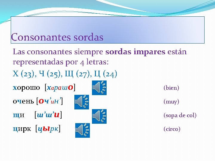 Consonantes sordas Las consonantes siempre sordas impares están representadas por 4 letras: Х (23),
