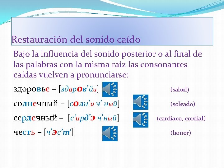 Restauración del sonido caído Bajo la influencia del sonido posterior o al final de