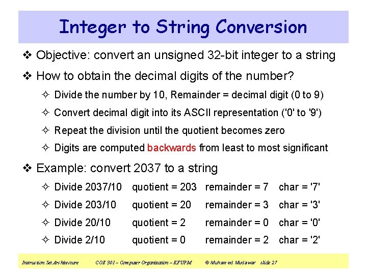 Integer to String Conversion v Objective: convert an unsigned 32 -bit integer to a