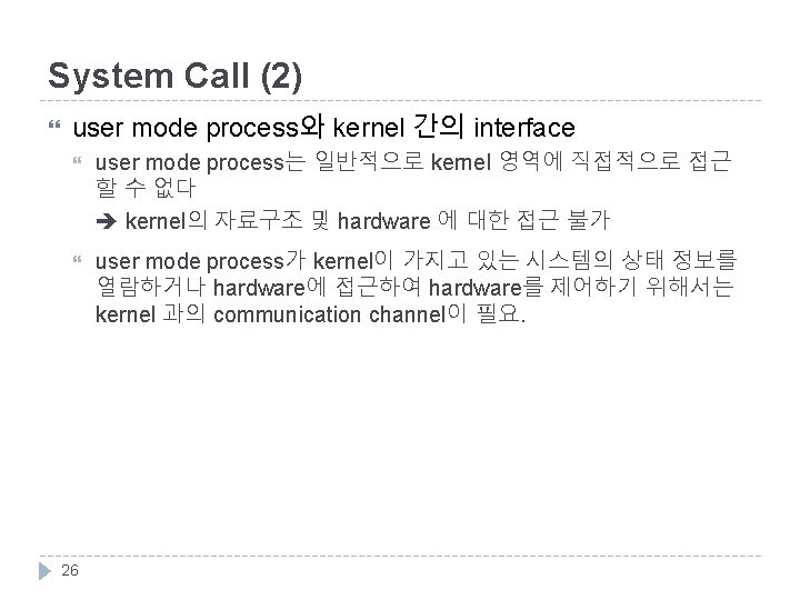 System Call (2) user mode process와 kernel 간의 interface user mode process는 일반적으로 kernel