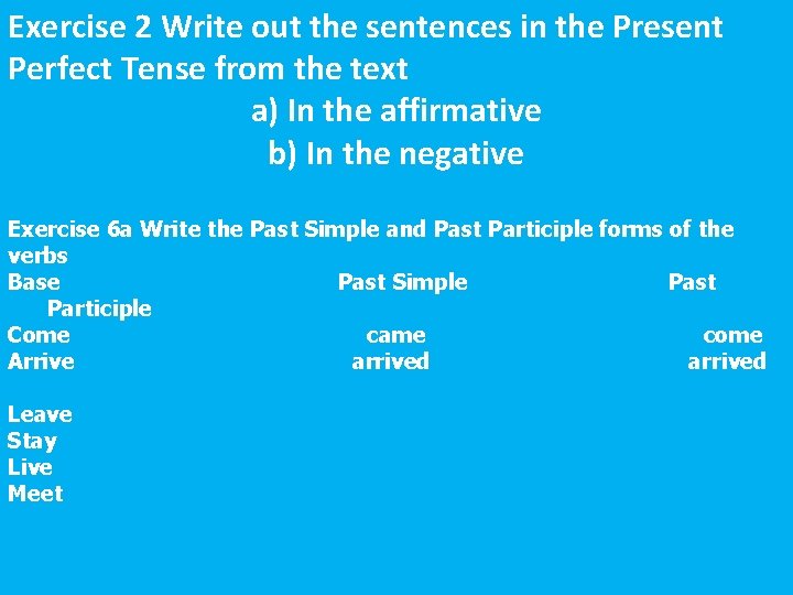 Exercise 2 Write out the sentences in the Present Perfect Tense from the text