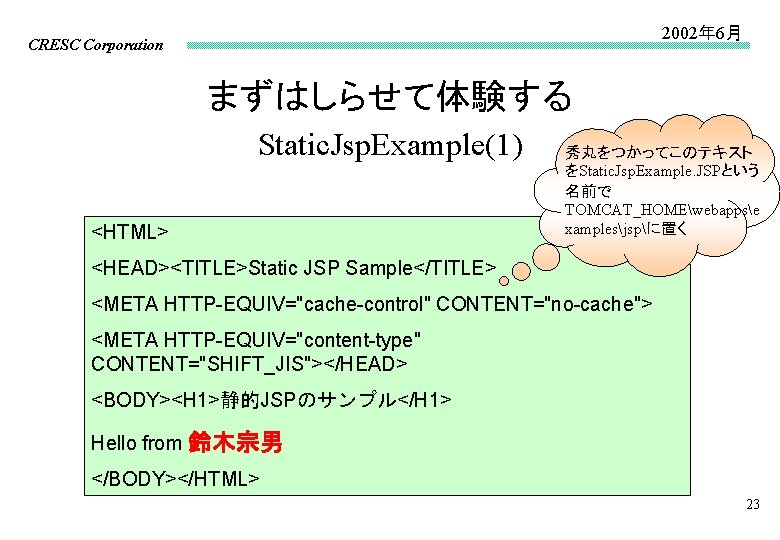2002年 6月 CRESC Corporation まずはしらせて体験する Static. Jsp. Example(1) <HTML> 秀丸をつかってこのテキスト をStatic. Jsp. Example. JSPという