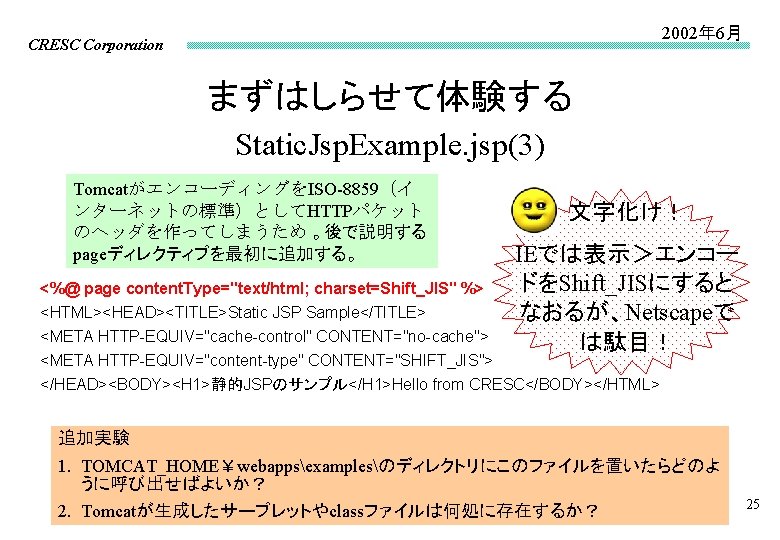 2002年 6月 CRESC Corporation まずはしらせて体験する Static. Jsp. Example. jsp(3) TomcatがエンコーディングをISO-8859（イ ンターネットの標準）としてHTTPパケット のヘッダを作ってしまうため 。後で説明する pageディレクティブを最初に追加する。